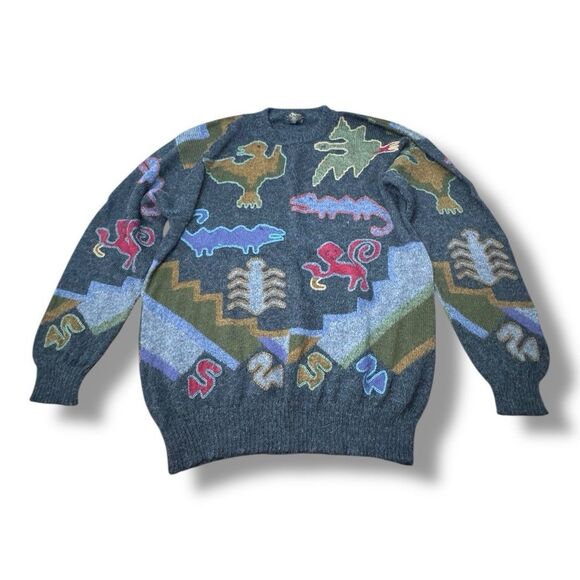 Perez Vintage Aztec Animal Dinosaur Knit Crewneck Sweater Alpaca Men’s Size XL - Picture 1 of 8